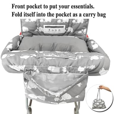 Soft Pillow Attached 2-in-1 Shopping Cart and High Chair Cover for Baby, Cotton Padded Cart Cover, Fold'n Roll Style, Portable with Carry Bag (Gray Elephant) - Image 6