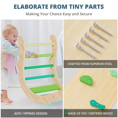 BlueWood Pikler Triangle Set, Toddler Wooden Climbing Toys Indoor 7in1 Foldable Climber for Kids, Montessori Philosophy Play Jungle Gym with Arch, Ramp, Ladder (Green Summer) - Image 7