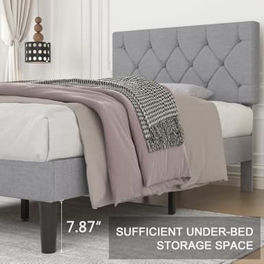 VECELO Twin Bed Frame with Button Tufted Headboard, Upholstered Platform with Wooden Slat Support, No Box Spring Needed, Grey - Image 6