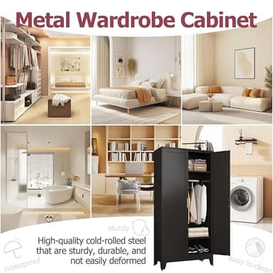 GAIOUS Metal Wardrobe Cabinet with Hanging Rod, 71" Metal Clothing Storage Cabinets with 2 Doors and Adjustable Shelves, Black Armoire Wardrobe Closet for Bedroom, Laundry Room, Cloak Room - Image 5