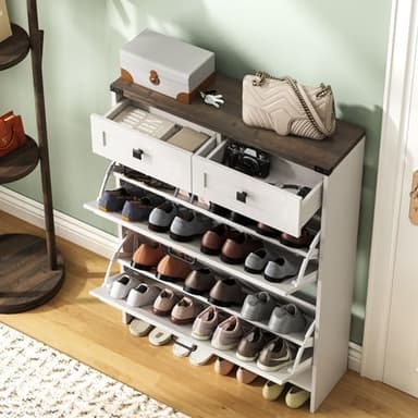 Halitaa Shoe Cabinet with 2 Flip Drawers & 2 Drawers,Farmhouse Shoe Storage Cabinet for Entryway,Slim Freestanding Narrow Organizer Rack for Front Door Entrance,White - Image 3