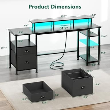 Furologee 61" Gaming Desk with Power Outlets & LED Lights, Reversible Computer Desk with File Cabinet & Monitor Stand for Home Office, Large Work Table with Storage Shelves & Drawer, Black - Image 2
