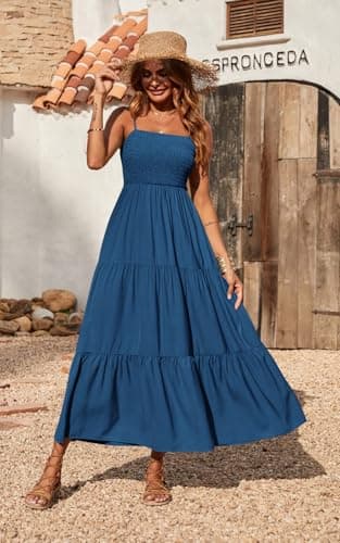 PRETTYGARDEN Summer Dresses for Women 2025 Spaghetti Strap Floral Maxi Dress Sleeveless Smocked Tiered Long Beach Sundress (Dark Blue,L) - Image 3