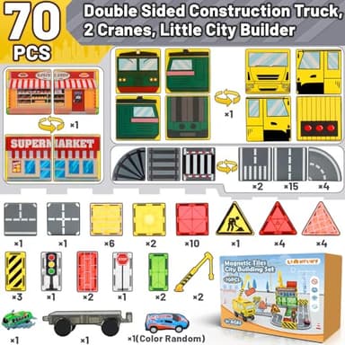 LionFuny 70Pcs Magnetic Tiles Magnetic Building Blocks, Building Toys for Kids Ages 3-5 4-8 8-12 Toddlers STEM Preschool Toy Boys Toys, City Construction Toys Set with 2 Cranes Train Tracks Road Car - Image 6