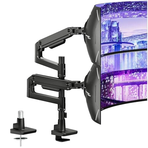 ARES WING Dual Monitor Arm Desk Mount for 17-49 Inch Ultrawide Monitors, Heavy Duty Dual Monitor Mount Holds 44 lbs, Full Motion Gas Spring Vertical Stacked Monitor Mount, 75/100 VESA Mount, Black - Image 1