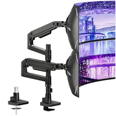 ARES WING Dual Monitor Arm Desk Mount for 17-49 Inch Ultrawide Monitors, Heavy Duty Dual Monitor Mount Holds 44 lbs, Full Motion Gas Spring Vertical Stacked Monitor Mount, 75/100 VESA Mount, Black - Image 1