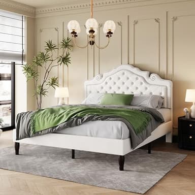 SHA CERLIN Queen Size Bed Frame with Adjustable Headboard/Velvet Upholstered/Diamond Button Tufted and Metal Studs/No Box Spring Needed/Sturdy Wood Slat Support/Easy Assembly/White - Image 3