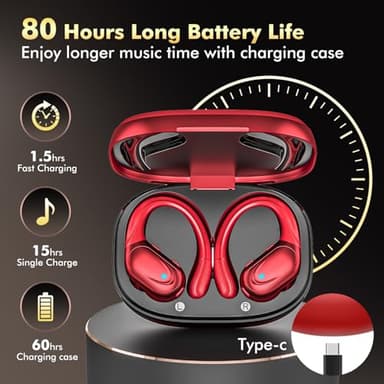 HAOYUYAN Wireless Earbuds, Sports Bluetooth Headphones, 80Hrs Playtime Ear Buds with LED Power Display, Noise Canceling Headset, IPX7 Waterproof Earphones for Workout/Running (Red) - Image 2