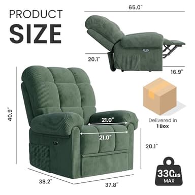 Welzona Updated Power Recliner Chair, Adjustable Electric Recliner Chairs for Adults, Ultra-Comfy Corduroy Recliner Chair for Small Space, Tool-Free Assembly, 2 Side Pockets and USB Port, Green - Image 2