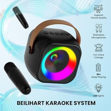 Mini Karaoke Machine, Portable Bluetooth Karaoke Speaker with 2 Wireless Microphones and Party Lights for Kids and Adults, Birthday Gifts for Girls Boys Family Home Party - Image 7