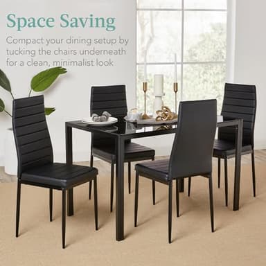 Best Choice Products 5-Piece Glass Dining Set, Modern Kitchen Table Furniture for Dining Room, Dinette, Compact Space-Saving w/Glass Tabletop, 4 Upholstered PU Chairs, Metal Steel Frame - Black - Image 6