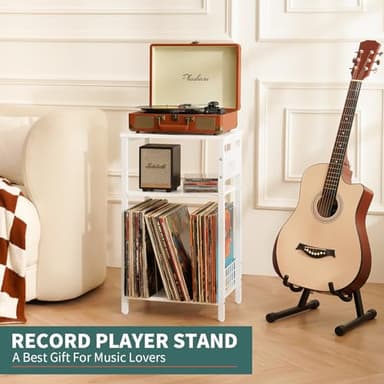 Yoobure Record Player Stand, 3-Tier White Side Table with Charging Station, Small End Table Record Holder with Vinyl Storage, Beside Tables Turntable Stand for Album CD, Night Stand for Living Room - Image 3