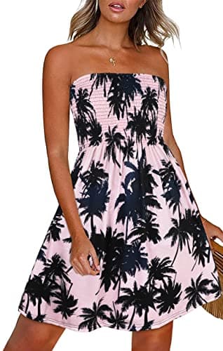 CHICGAL Summer Dresses for Women Strapless Bathing Suit Cover Ups Beach Ruffle Dress.(Pink Black Tree,S) - Image 1