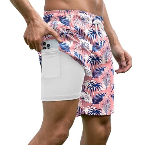 Camdoria Mens Swim Trunks with Compression Liner Swim Shorts Quick Dry Beach Shorts for Men 7 inch Board Shorts 2 in 1 with Zipper Pockets Pink - Image 1