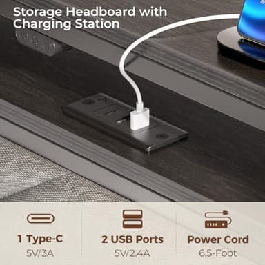 Seventable Bed Frame Twin Size with Charging Station, LED Bed with Upholstered Storage Headboard, Metal Platform Bed with Under Bed Storage, No Box Spring Needed, Noise Free, Easy Assembly, Grey - Image 4