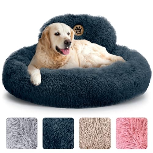 PetJett Calming Dog Beds Large Sized Dog - 36'' Round Bed, Anti-Slip & Washable Super Soft Donut Bed, Fluffy Faux Fur Anti-Anxiety Premium Comfort Pet Bed, Fits Dogs up to 100 lbs - Dark Grey - Image 1
