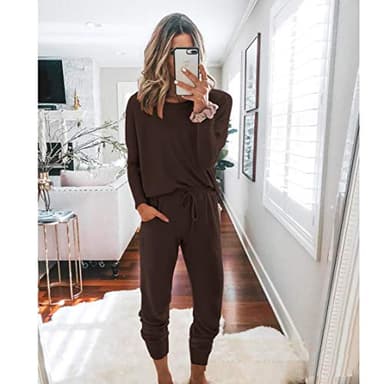 PRETTYGARDEN Women Fall 2 Piece Lounge Outfit Long Sleeve Tops High Waisted Jogger Pants Set Spring Travel Clothes Tracksuit (Brown,Medium) - Image 2