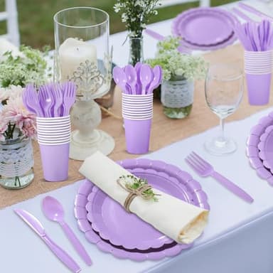 Xiangqu 175 Pcs Lavender Paper Plates and Napkins, Light Purple Party Supplies Include Scalloped Lavender Plates Napkin Cup Plastic Cutlery for Garden Party, Baby Shower, Wedding, Birthday - Image 6