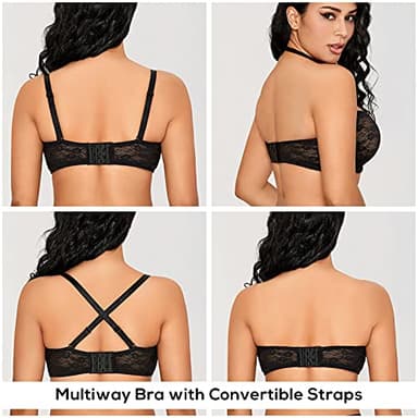 DOBREVA Women's No Padding Strapless Lace Bra Underwire Multiway See-Through Black 40E - Image 2
