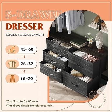 WLIVE Dresser for Bedroom with 5 Drawers, Wide Dressers with Drawer Organizers, Chest of Drawers, Fabric Dresser for Living Room, Closet, Hallway, Charcoal Black Wood Grain Print - Image 4