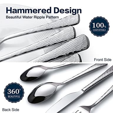 KINGSTONE Hammered Silverware Set, Flatware Set, 18/10 Stainless Steel Premium Cutlery with Unique Ripple Handles Design Mirror Polished - Dishwasher Safe (40-Piece) - Image 4
