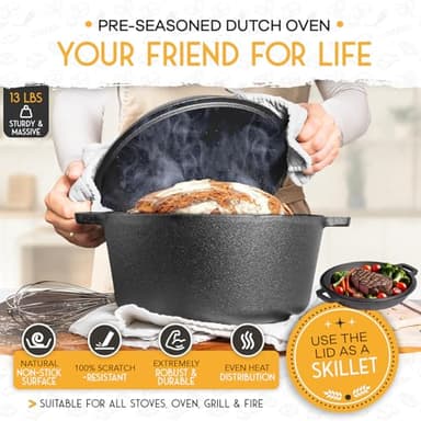 Crovora Pre-Seasoned Cast Iron Dutch Oven for Bread Baking with Skillet Lid - Incl. Sourdough Bread Baking Supplies like Banneton Bread Proofing Basket, 5QT Cast Iron Bread Pan, Bread Oven - Image 6