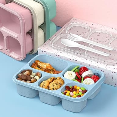 Bento Box Adult Lunch Box - 4 Pack, 5 - Compartment Meal Prep Container for Kids, Reusable Food Storage Snack Containers - Stackable for School, Work, and Travel (Wheat(Green/Blue/Pink/Beige)) - Image 3