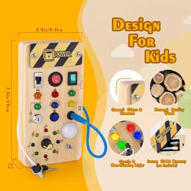 Montessori Wooden Busy Board with 8 LED Light switches, Sensory Toys Light Switch Travel Toys for 1+ Year Old Baby and Toddler - Image 4