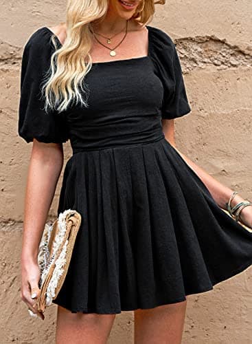 AlvaQ Womens Rompers for Summer 2025 Puff Sleeve Square Neck Casual Spring Flowy Romper Shorts Jumpsuit with Pocket Teen Beach Vacation Outfits,Black,Medium - Image 2