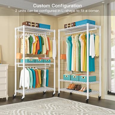 FUTASSI P1 Heavy Duty Garment Rack, 3 Tiers Adjustable Rolling Metal Closet Organizer with Lockable Wheels, FreeStanding Wardrobe with Double Hanger Rods & 1 Pair Hooks, Max Load 450 LBS, White - Image 4