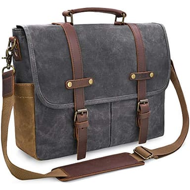Mens Messenger Bag 15.6 Inch Waterproof Vintage Genuine Leather Waxed Canvas Briefcase Large Satchel Shoulder Bag Rugged Leather Computer Laptop Bag, Grey - Image 1