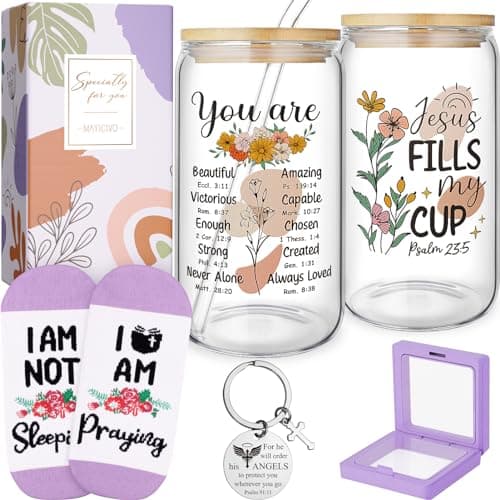 Christian Gifts for Women Faith, Inspirational Religious Gifts for Women, Catholic Spiritual Gift Set Birthday Christmas Gift for Womens Mom Sister Best Friends Wife Coworkers w/ 16Oz Can Glass - Image 1