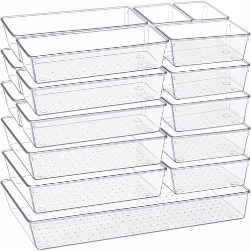 Criusia Drawer Organizer, 18 Pack Large Clear Plastic Kitchen Drawer Organizers Set, 6 Size Versatile Bathroom and Vanity Drawer Organizer Trays, Storage Bins for Makeup, Bedroom, Kitchen Utensils - Image 1