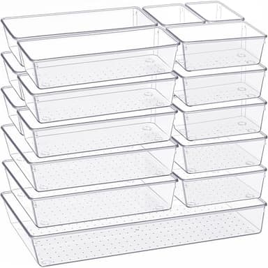 Criusia Drawer Organizer, 18 Pack Large Clear Plastic Kitchen Drawer Organizers Set, 6 Size Versatile Bathroom and Vanity Drawer Organizer Trays, Storage Bins for Makeup, Bedroom, Kitchen Utensils - Image 1