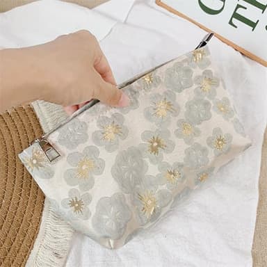 HAPPYHEIDI Small Cute Vintage Floral Makeup Bag Purse Pouch, Accessory Organizer, Metal Zipper, Aesthetic Textured Fabric, Golden Beige Medium - Image 5