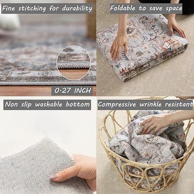 CHAMPLANT Area Rug 8x10 Washable Rug Taupe Vintage Traditional Mat Distressed Indoor Foldable Thin Retro Accent Rug Floral Print Non Slip Carpet Living Room Dining Room Office - Image 5