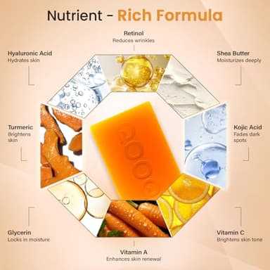 QOOQ Turmeric Kojic Acid Soap for Dark Spots Brightening – Face and Body Wash with Vitamin C, Retinol, Collagen, Vitamin E, Glycerin, Shea Butter & Castile Olive Oil – Soap for Women & Men (120g x 2) - Image 4