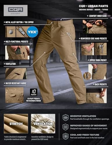 CQR Men's Vent Stretch Pants, Quick Dry Lightweight Casual Cargo Pants, Water Resistant Straight-Fit Utility Work Pants, Sedona Cougar, 32W x 32L - Image 8