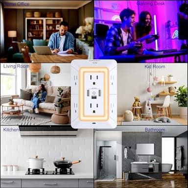 Outlet Extender USB Wall Charger - POWRUI 6 AC Surge Protector Outlets with 3 USB Ports (1 USB C) and Night Light, 3-Sided Multi Plug Wall Outlet Power Strip with Spaced Outlets, ETL Listed, White - Image 4