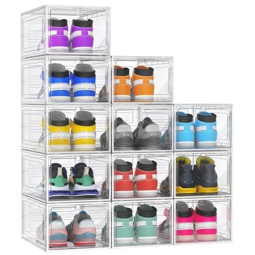 Kjfeoiye 12 Pack Hard Sturdy Thickened Rigid XX Large Shoe Storage Organizer for Closet, Clear Stackable Sneaker Shoe Boxes Rack Containers Display Case Bins with Lids, White - Image 1