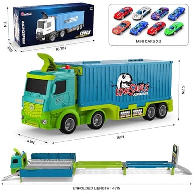 Carrier Truck Race Track Toddler Toys, Foldable 3 Layer Toddler Track Playset, Dinosaur Toy Truck Transport Car Carrier & 8 Race Cars, Truck Car Kids Toy Gifts for Age 3 4 5 6+ Year Old Boys Girls - Image 2