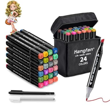 hangfan 24 Colors Alcohol Markers,Pens for Adult Coloring Oily,Permanent Marker Set Perfect for Beginner,Dual Tip Art Markers,Drawing Markers, Card Making and Kids Sketching Illustration - Image 1