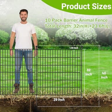 10 Panels No Dig Decorative Outdoor Garden Fence with Gate for Yard, 32 in(H) X 23.6 ft(L) Animal Barrier Fencing Rustproof Metal Wire Panel Border for Dog, Rabbits, and Patio Temporary Ground Stakes - Image 2