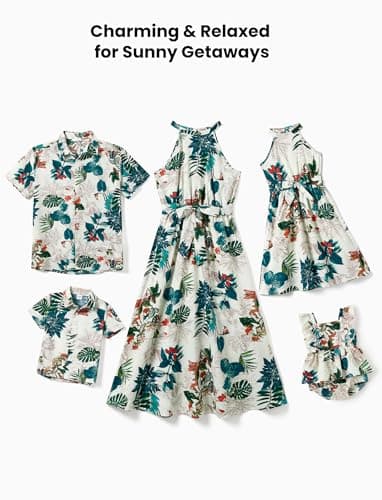 PATPAT Matching Family Hawaiian Outfits - Mommy and Me Hawaiian Dress Matching Set Tropical Palm Newborn Halter Neck Romper White Baby Girl 3-6 Months - Image 3