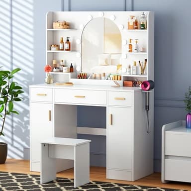 Decofy Vanity Desk with Mirror and 11 LED Lights, White Makeup Vanity Desk with Chair, Vanity Table Set, 5 Drawers 3 Lighting Modes & 5 Adjustable Brightness Dressing Table for Bedroom - Image 1