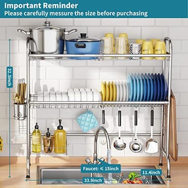 HOWDIA Stainless Steel 2-Tier Over The Sink Dish Drying Rack with Utensil Holder, Large, for Kitchen Counter - Image 3