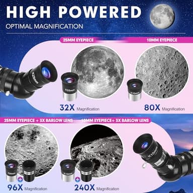 HUGERSTAR Telescope, Telescope for Adults High Powered, 90mm Aperture 800mm Professional Refractor Telescopes for Adults Astronomy Beginners with AZ Mount Stainless Tripod, Carry Bag and Moon Filter - Image 3