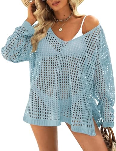 Womens Summer Tops Crochet Sweaters Swimsuit Cover Ups Hollow Out Loose Lightweight Beach Knit Pullover Sky Blue - Image 1