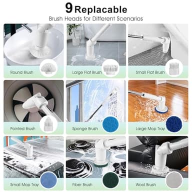 GUPAY Electric Spin Scrubber, Cordless Cleaning Brush with 9 Replaceable Brush Heads, Power 2 Speeds LCD Display, Angle Adjustable, Shower Scrubber with Long Handle for Bathroom Floor Tile Kitchen - Image 6