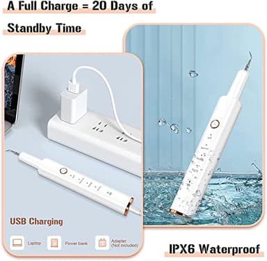 Plaque Remover for Teeth, Electric Tooth Cleaner Tartar Remover for Teeth with LED Light,4 Modes Rechargeable Teeth Cleaning Kit with Dental Tools, 2 Replaceable Heads (White A) - Image 7